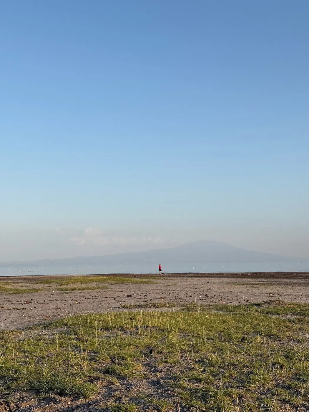 Sparse grass and gravel on a dry lakeshore flat, with shallow lake water and a hazy mountain beyond.